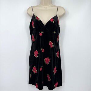 Trixxi WhimseyGoth black velvet red roses flower embroidered mini v-neck dress s